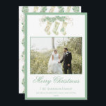 Watercolor Christmas Stockings Green Vintage Photo Holiday Card<br><div class="desc">Watercolor Christmas Stockings Green Vintage Photo Holiday Card. This beautiful Christmas Photo Card features watercolor Christmas garland with white bows as a frame for one photo. Back of invitation is Christmas Stockings with Christmas garland and bows. It is perfect if you are looking for classic, southern, grandmillenial Christmas photo card....</div>