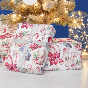 Watercolor Christmas Stockings, Poinsettia Wrapping Paper