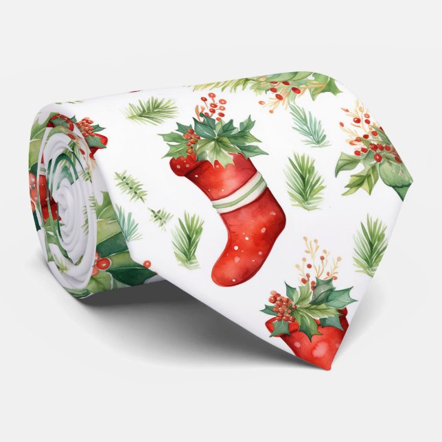 Watercolor Christmas Stockings Tie (Rolled)
