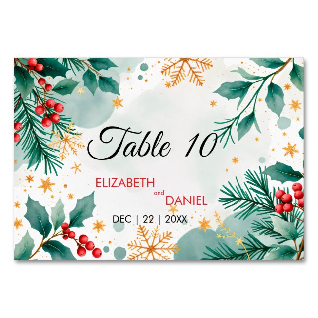 Watercolor Christmas Table Number Cards – Holly  (Front)