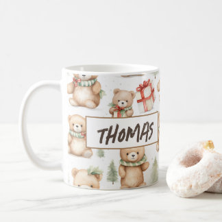 Watercolor Christmas Teddy Bear Name Coffee Mug