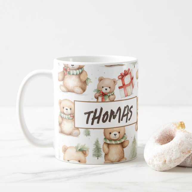Watercolor Christmas Teddy Bear Name Coffee Mug (With Donut)