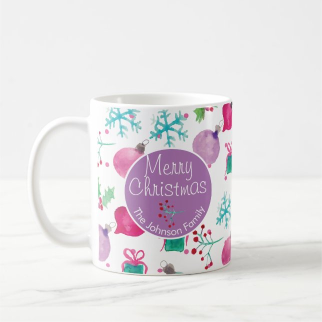 Watercolor Christmas Themed Hand Painted Pattern Coffee Mug (Left)