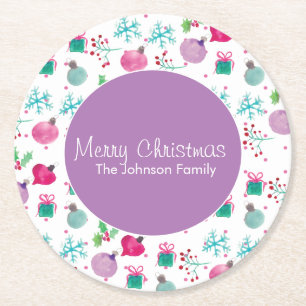 Watercolor Christmas Themed Hand Painted Pattern Round Paper Coaster