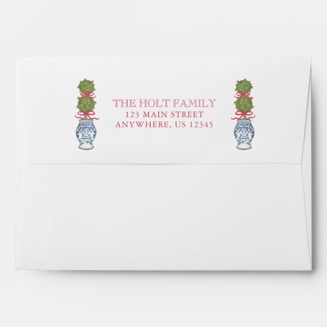 Watercolor Christmas Topiary Gingham Personalized Envelope (Back (Top Flap))