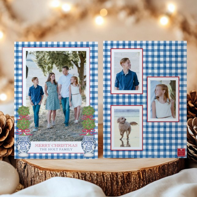Watercolor Christmas Topiary Gingham Photo Holiday Card (Creator Uploaded)