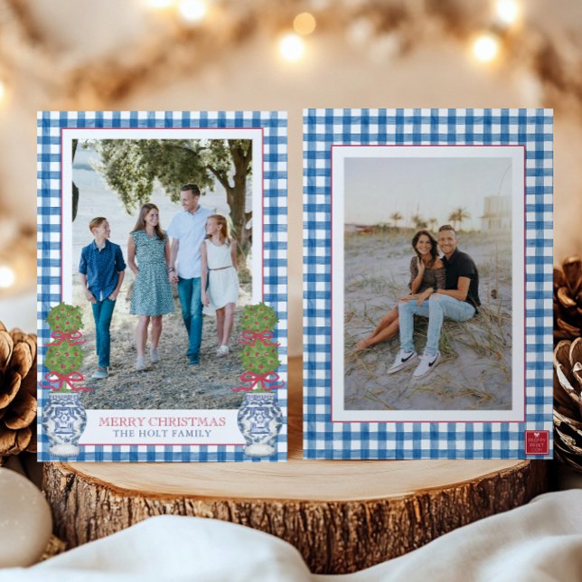 Watercolor Christmas Topiary Gingham Photo Holiday Card (Creator Uploaded)