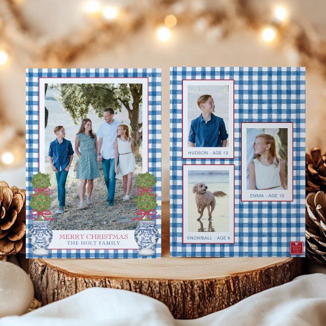 Watercolor Christmas Topiary Gingham Photo Holiday Card (Creator Uploaded)