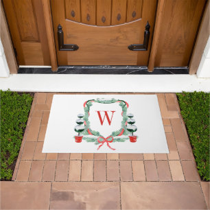 Watercolor Christmas Topiary Monogram Crest Doormat