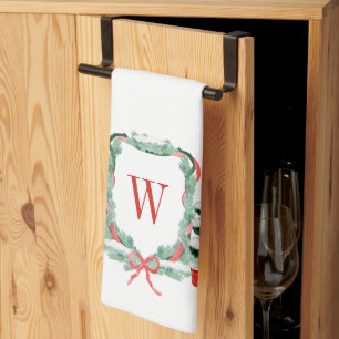 Watercolor Christmas Topiary Monogram Crest Kitchen Towel