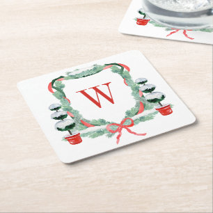 Watercolor Christmas Topiary Monogram Crest Square Paper Coaster
