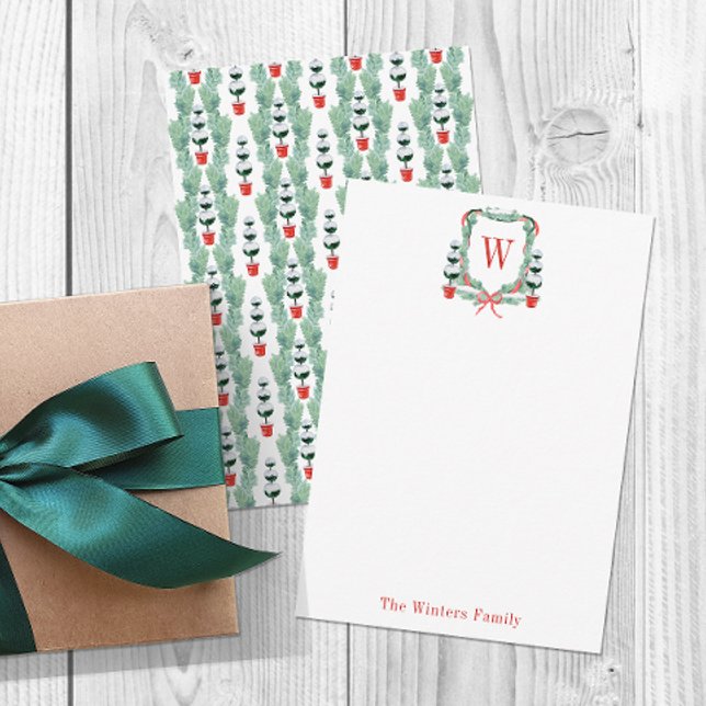 Watercolor Christmas Topiary Monogram Crest Thank You Card (Creator Uploaded)