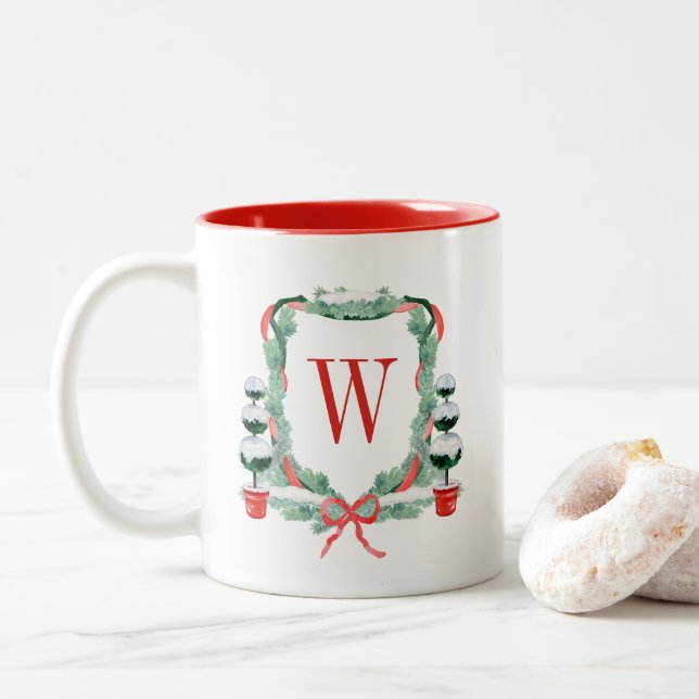 Watercolor Christmas Topiary Monogram Crest Two-Tone Coffee Mug (With Donut)