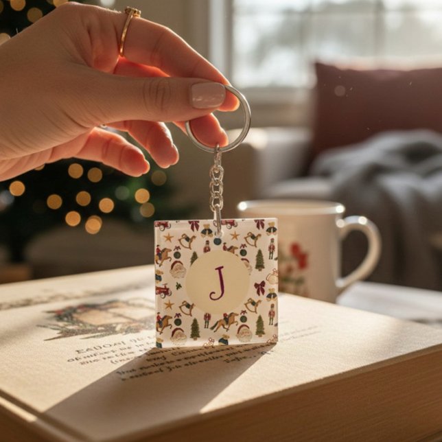 Watercolor Christmas Toys Monogram inital Keychain (Creator Uploaded)