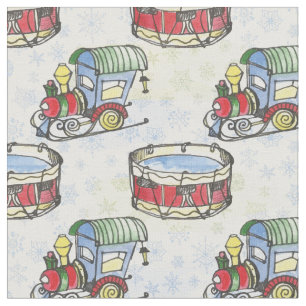 Watercolor Christmas train and drum hand drawn Fabric