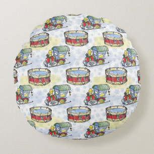Watercolor Christmas train and drum hand drawn Round Pillow