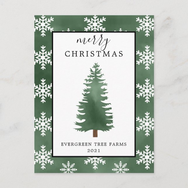 Watercolor Christmas Tree and Snowflakes Merry  Ho Holiday Postcard (Front)