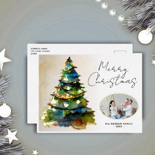 Watercolor Christmas Tree Artistic Photo Gold  Foil Holiday Postcard