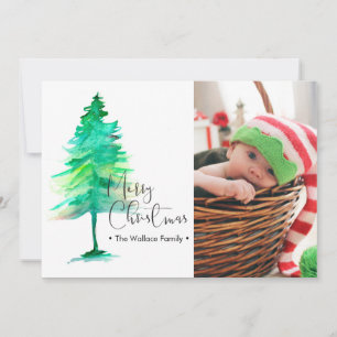 Watercolor Christmas Tree Baby family photo Holiday Card