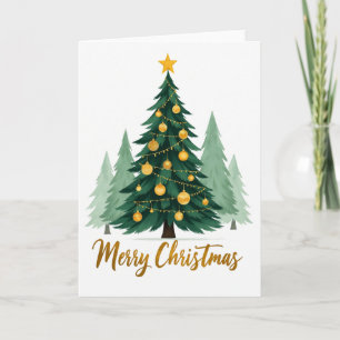 Watercolor Christmas Tree Card Gold Ornaments