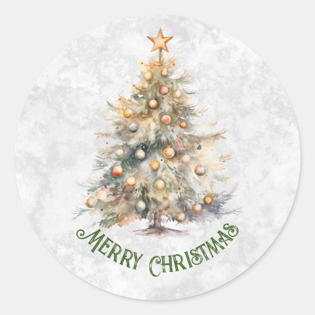 Watercolor Christmas Tree  Classic Round Sticker (Front)