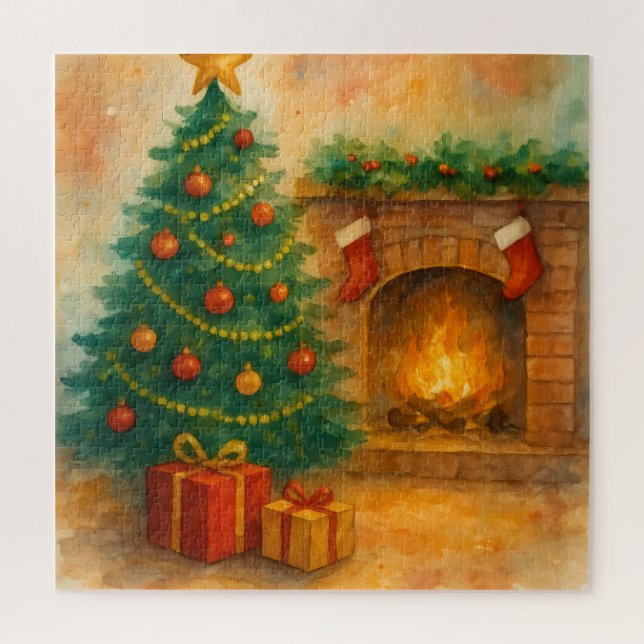 Watercolor Christmas Tree & Cozy Fireplace Holiday Jigsaw Puzzle (Vertical)