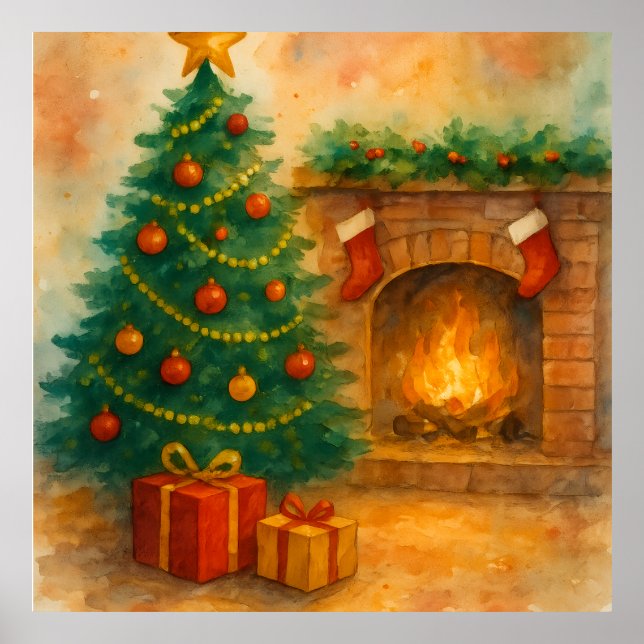 Watercolor Christmas Tree & Cozy Fireplace Holiday Poster (Front)