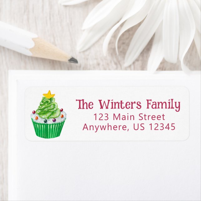 Watercolor Christmas Tree Cupcake Adresse de retou (En situation)
