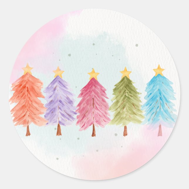 WATERCOLOR CHRISTMAS TREE DESIGN CLASSIC ROUND STICKER (Front)