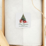Watercolor Christmas Tree Elegant Script Square Sticker<br><div class="desc">This design features a beautiful watercolor Christmas tree with red packaged Christmas gifts and simple elegant script.</div>