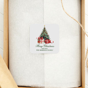 Watercolor Christmas Tree Elegant Script Square Sticker