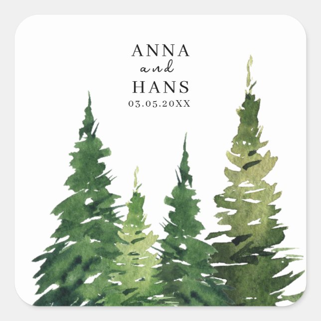 Watercolor Christmas Tree Festive Wedding Square Sticker (Front)
