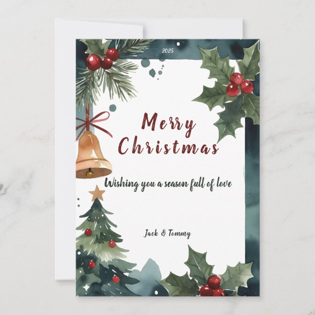Watercolor Christmas Tree Flat with Warm Wishes Holiday Card (Front)