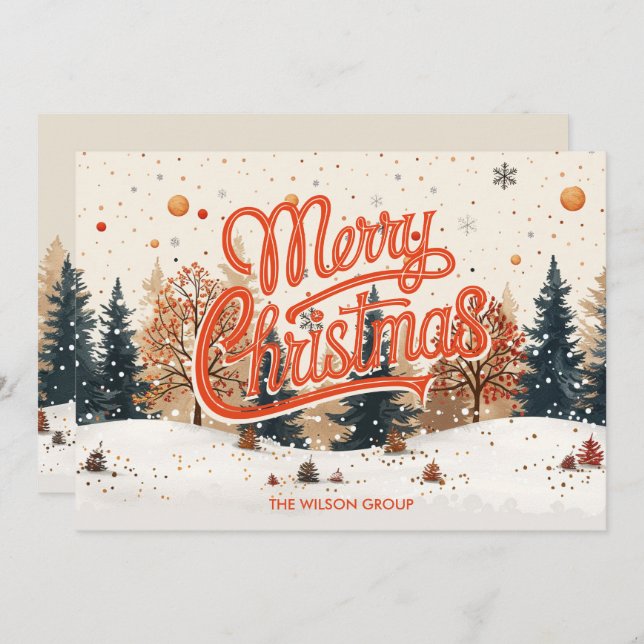 Watercolor Christmas Tree Forest Business Holiday Card (Front/Back)