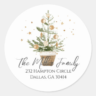 Watercolor Christmas Tree Gold Return Address Classic Round Sticker