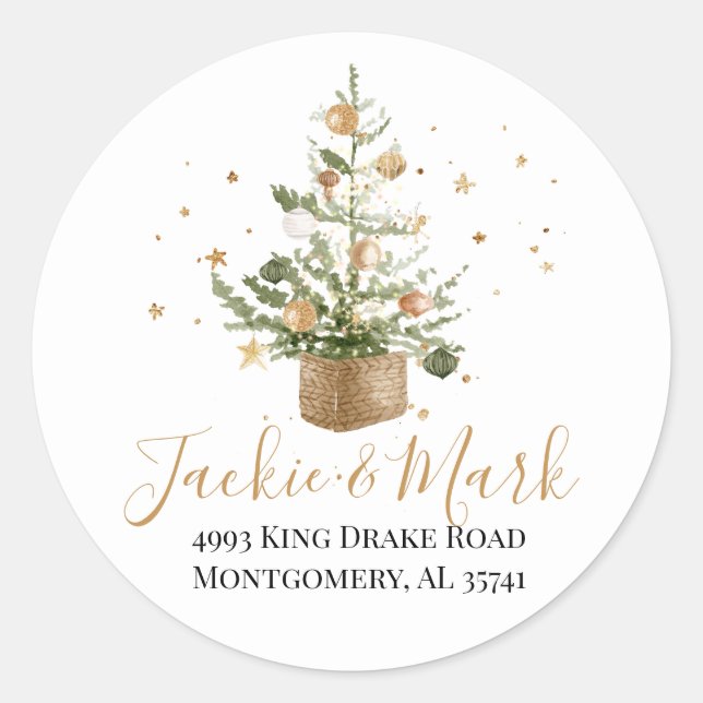 Watercolor Christmas Tree Gold Stars Classic Round Sticker (Front)