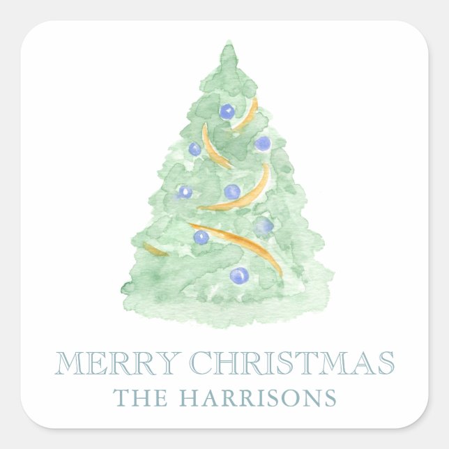 Watercolor Christmas Tree Grandmillennial Square Sticker (Front)