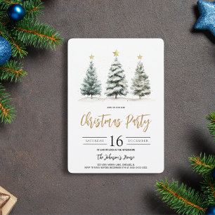 Watercolor Christmas Tree Green Gold Holiday Party Invitation