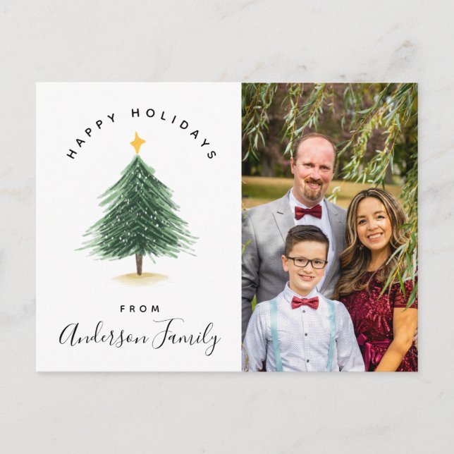 Watercolor Christmas Tree Happy Holidays Photo Postcard (Front)