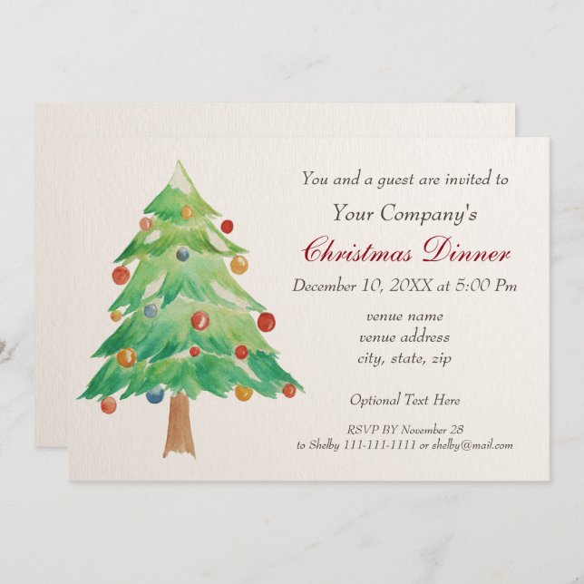 Watercolor Christmas Tree Holiday party Invite (Front/Back)
