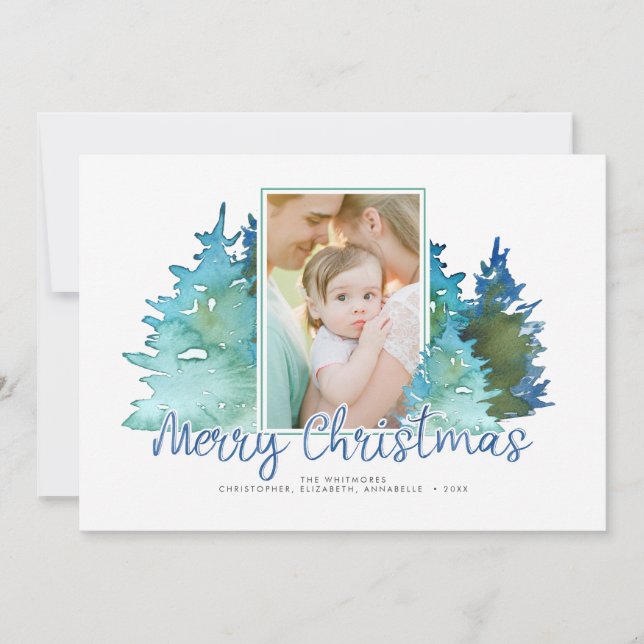 Watercolor Christmas Tree Holiday Photo Card (Front)