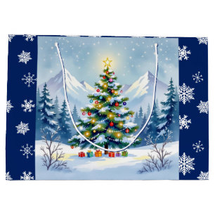 Watercolor Christmas Tree in the Mountains  Photo Large Gift Bag
