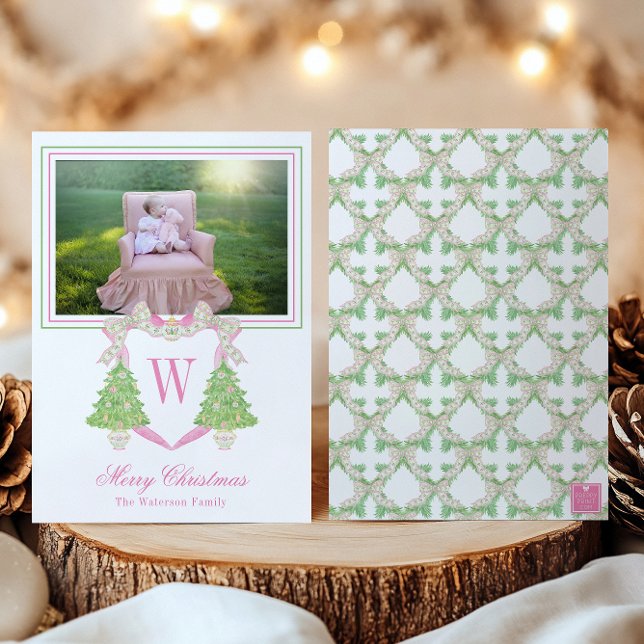 Watercolor Christmas Tree Monogram Crest Photo Holiday Card (Creator Uploaded)