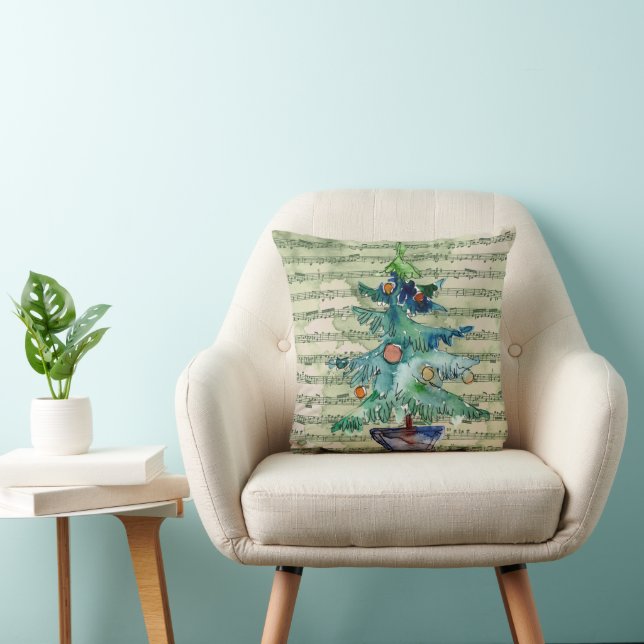 Watercolor Christmas Tree & Music Throw Pillow (Chair)