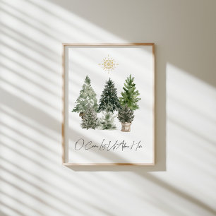 Watercolor Christmas tree o come let us adore him Poster