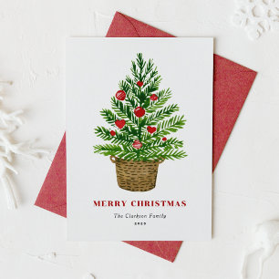 Watercolor Christmas Tree on a Wicker Basket Holiday Card