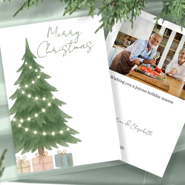 Watercolor Christmas Tree Photo Personalized Holiday Card (Watercolor Christmas Tree Photo Personalized Holiday Card by Ricaso. Add your photograph and text)