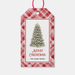 Watercolor Christmas Tree Red Plaid Christmas Gift Tags
