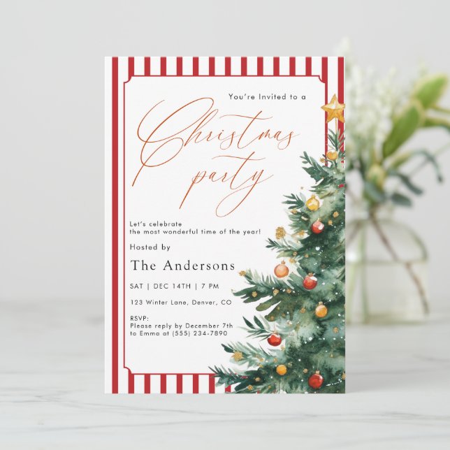 Watercolor Christmas tree Red Stripe Party Invitation (Standing Front)
