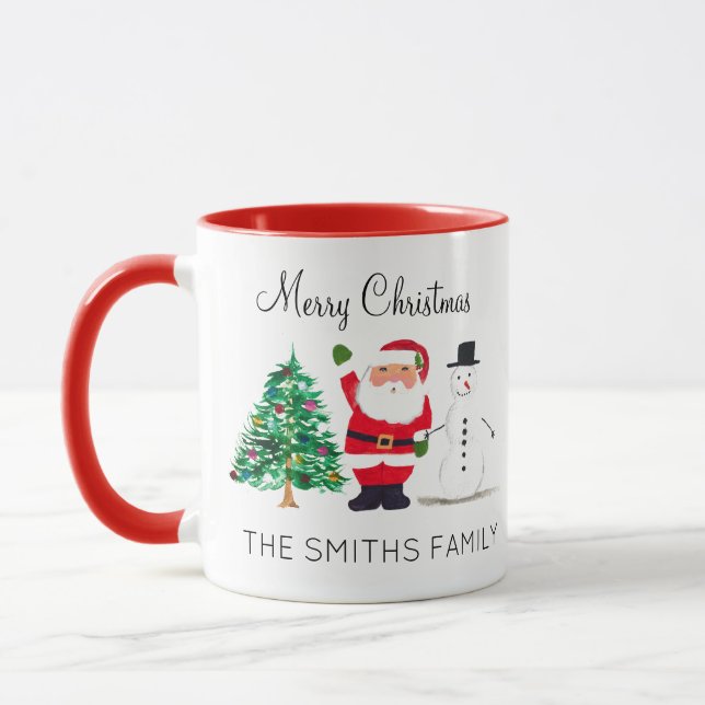 Watercolor Christmas Tree Santa Snowman Festive  Mug (Left)